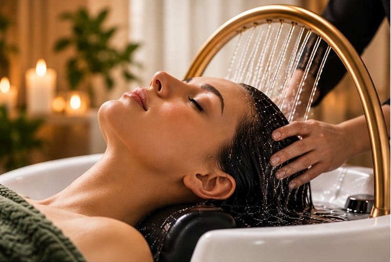 Klant krijgt een head spa-behandeling met warm water bij Recharge Head Spa in Eindhoven