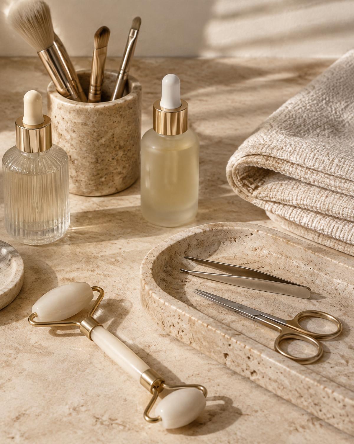 Beautytools en producten op een warme stenen ondergrond