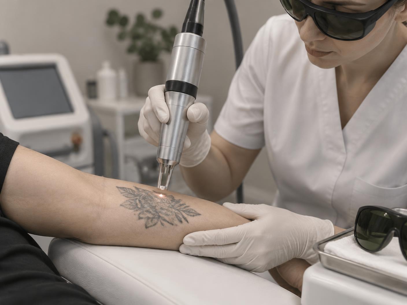 Laserspecialist behandelt een tattoo op een arm met een pico-laser in een clean behandelruimte